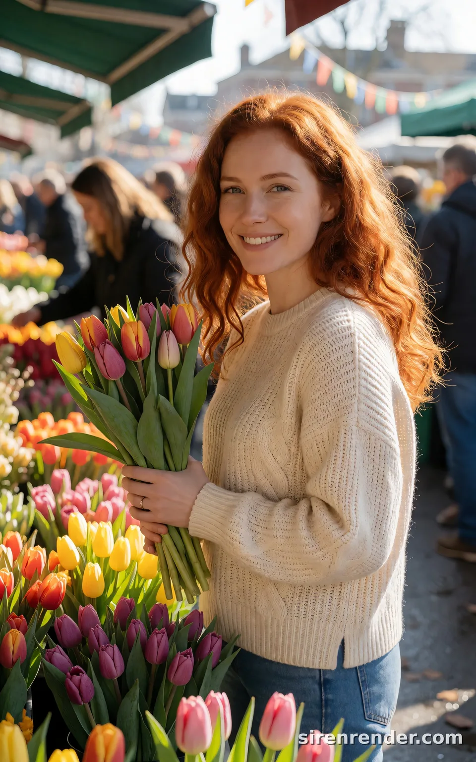 30 words: one sentence with hair, sweater, tulips