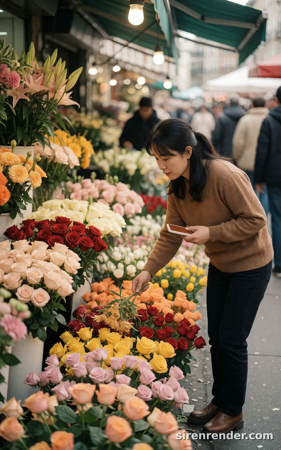 6 words: a woman at a flower market