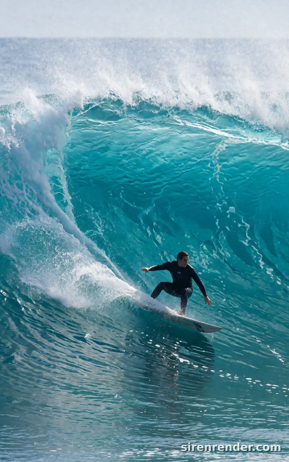 Big Wave Surfer: action photo of a surfer in a black wetsuit carving down the face of a huge curling turquoise wave, spray flying, sunlight through the thin top of the wave, seed 11