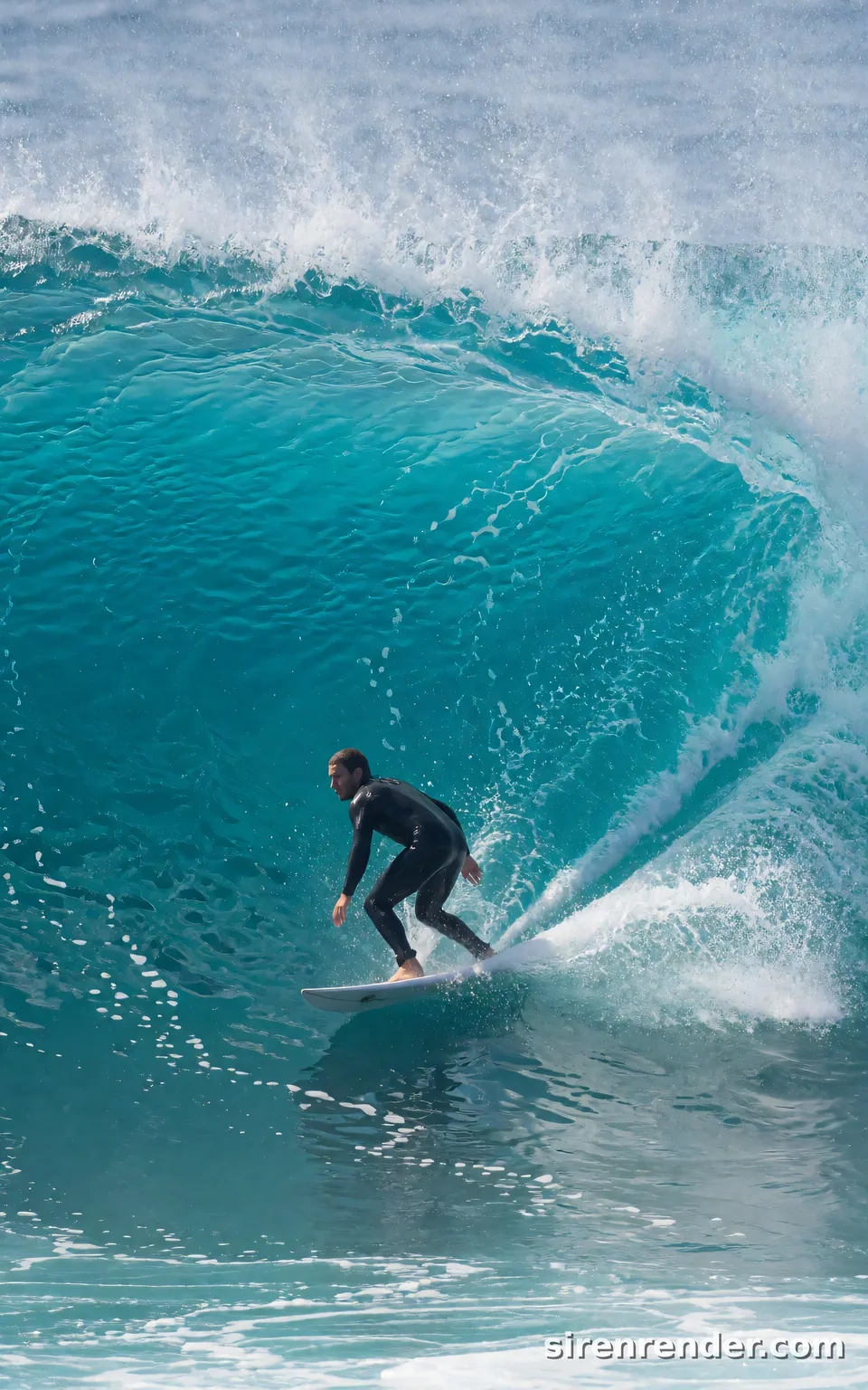 Big Wave Surfer: action photo of a surfer in a black wetsuit carving down the face of a huge curling turquoise wave, spray flying, sunlight through the thin top of the wave, seed 22