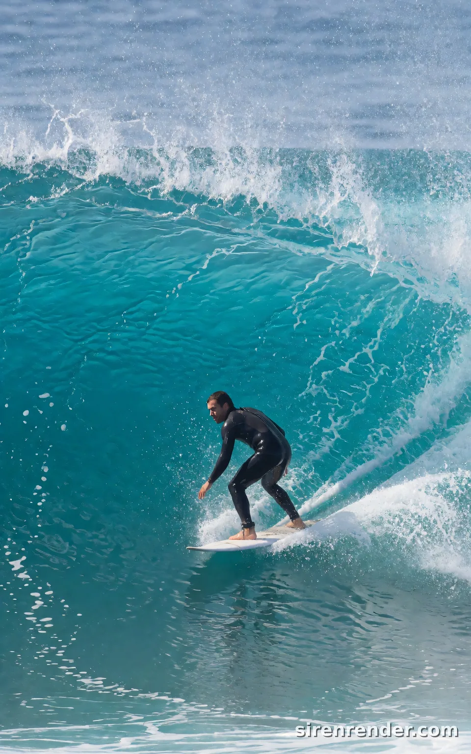Big Wave Surfer: action photo of a surfer in a black wetsuit carving down the face of a huge curling turquoise wave, spray flying, sunlight through the thin top of the wave, seed 33