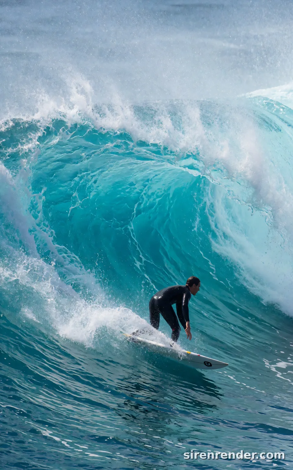 Big Wave Surfer: action photo of a surfer in a black wetsuit carving down the face of a huge curling turquoise wave, spray flying, sunlight through the thin top of the wave, seed 44