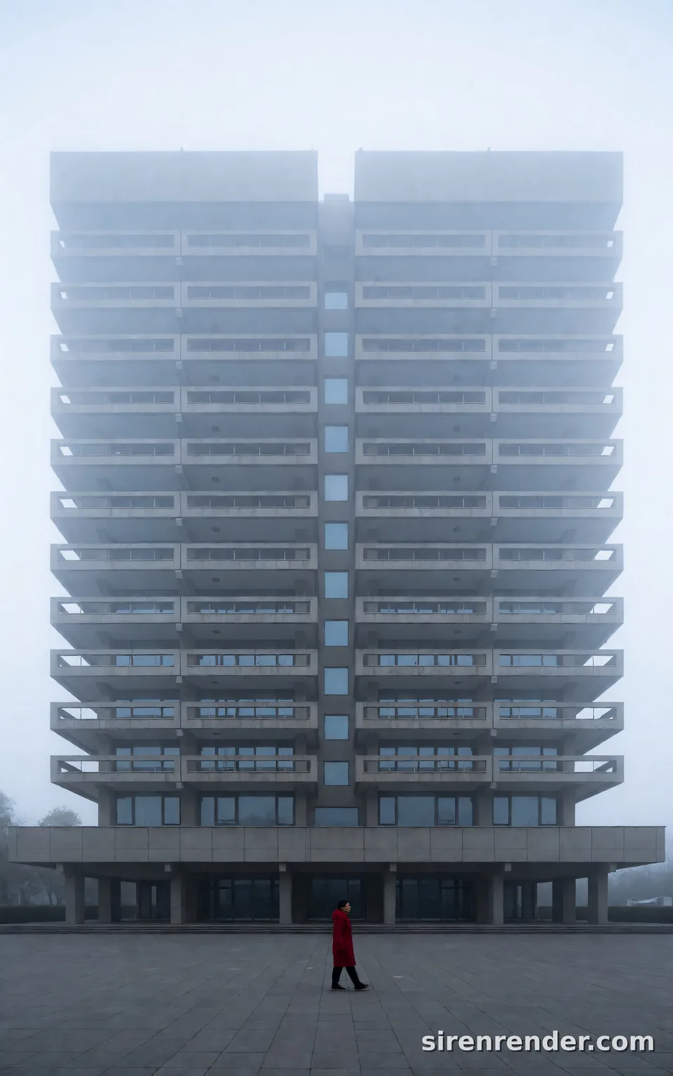 Brutalist Tower in Fog: architectural photo of a massive brutalist concrete tower rising into thick morning fog, its repeating balconies fading into mist, a single person in a red coat crossing the empty plaza below, seed 11