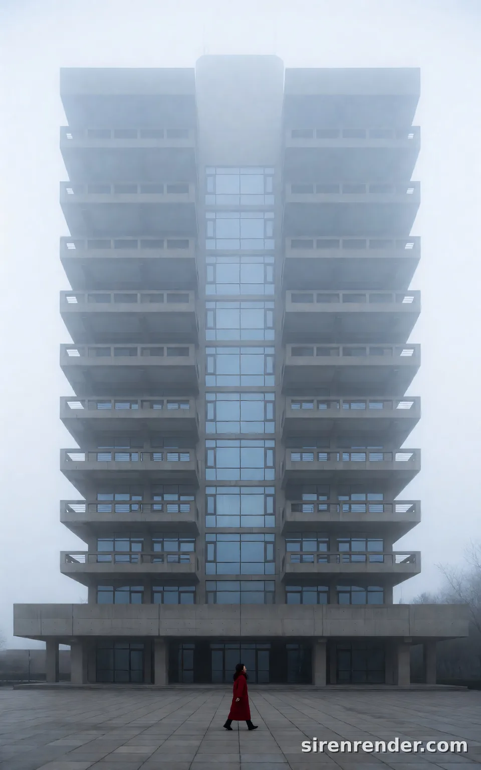 Brutalist Tower in Fog: architectural photo of a massive brutalist concrete tower rising into thick morning fog, its repeating balconies fading into mist, a single person in a red coat crossing the empty plaza below, seed 22