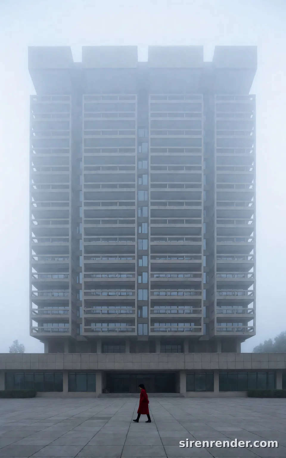 Brutalist Tower in Fog: architectural photo of a massive brutalist concrete tower rising into thick morning fog, its repeating balconies fading into mist, a single person in a red coat crossing the empty plaza below, seed 33