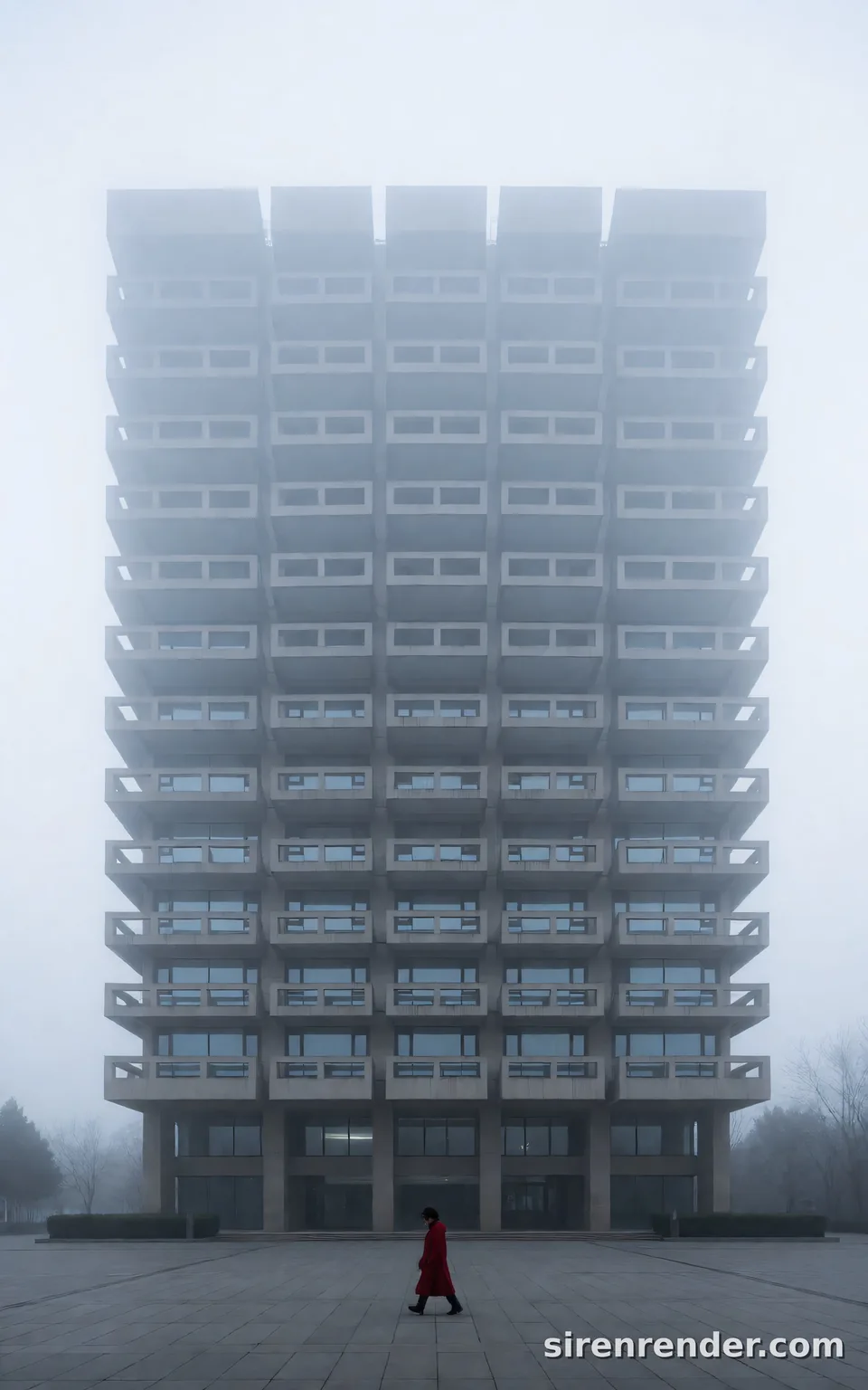 Brutalist Tower in Fog: architectural photo of a massive brutalist concrete tower rising into thick morning fog, its repeating balconies fading into mist, a single person in a red coat crossing the empty plaza below, seed 44