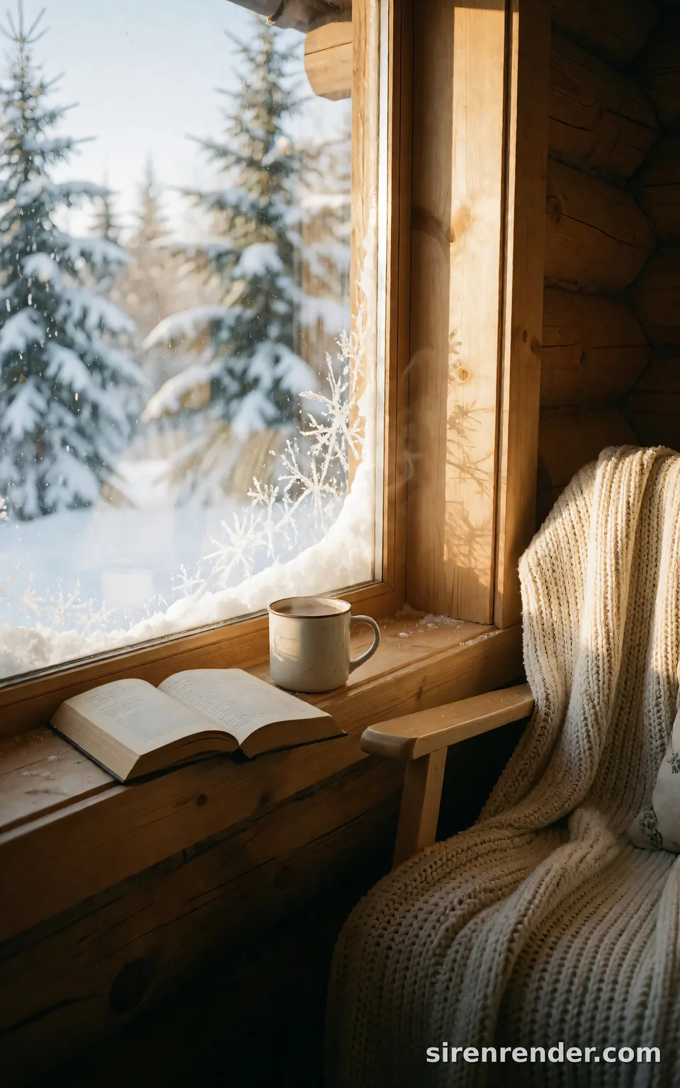 Cabin Morning: warm photo inside a log cabin on a snowy morning: a mug of cocoa and an open paperback on the windowsill, a knitted blanket over an armchair, frost on the glass and snowy pines outside, seed 11
