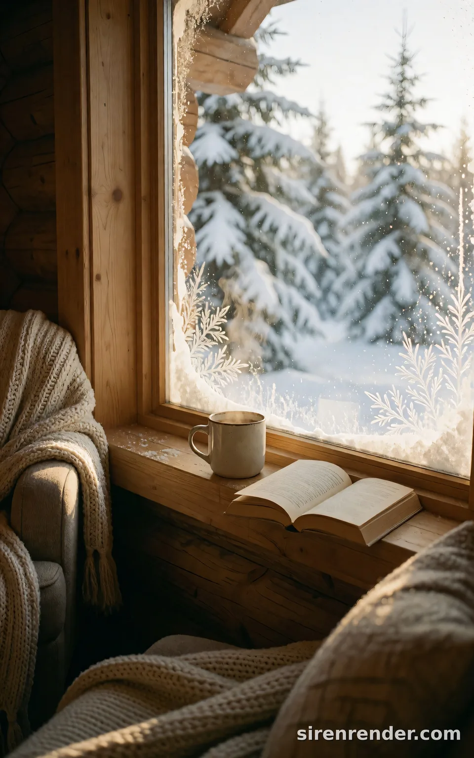 Cabin Morning: warm photo inside a log cabin on a snowy morning: a mug of cocoa and an open paperback on the windowsill, a knitted blanket over an armchair, frost on the glass and snowy pines outside, seed 22