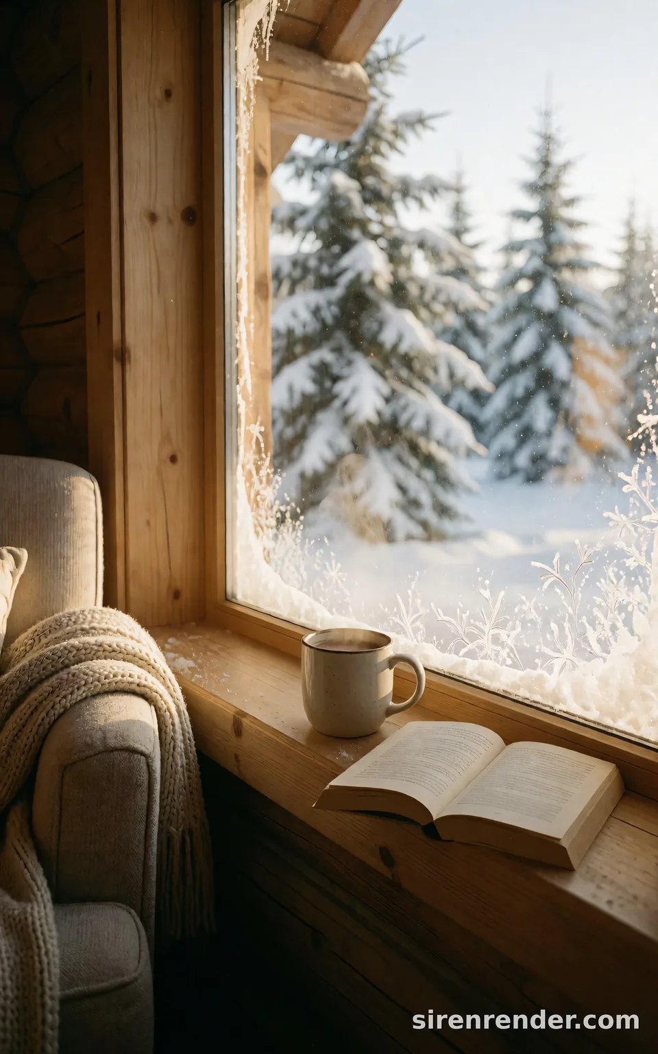 Cabin Morning: warm photo inside a log cabin on a snowy morning: a mug of cocoa and an open paperback on the windowsill, a knitted blanket over an armchair, frost on the glass and snowy pines outside, seed 33