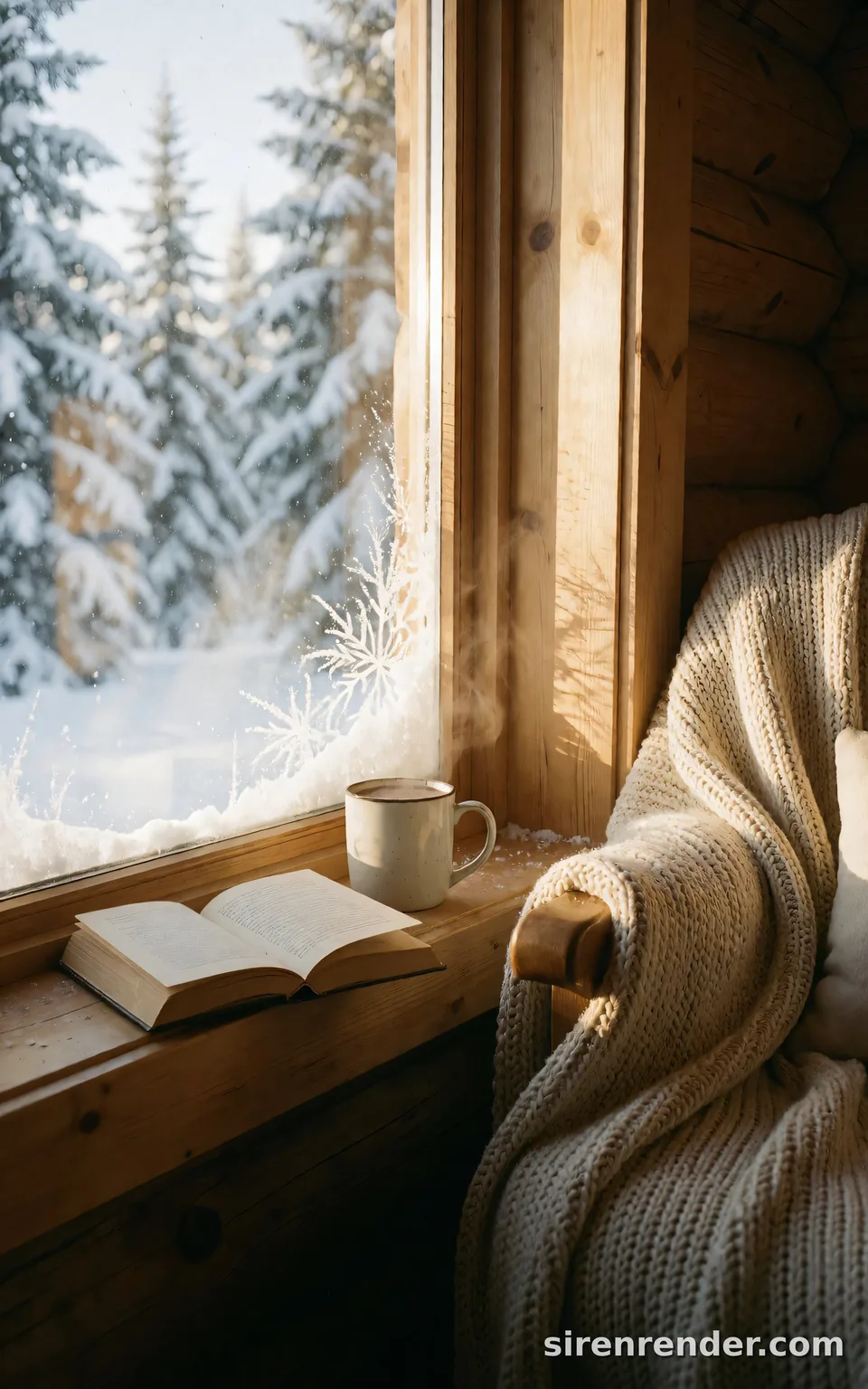 Cabin Morning: warm photo inside a log cabin on a snowy morning: a mug of cocoa and an open paperback on the windowsill, a knitted blanket over an armchair, frost on the glass and snowy pines outside, seed 44