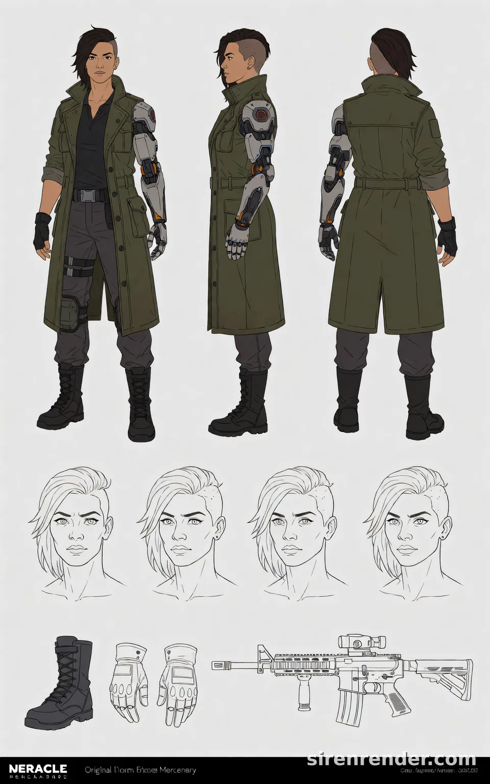 Sci-Fi Character Design Sheet: character design sheet of a sci-fi mercenary woman with an undercut, a cybernetic arm and a long olive coat in front, side and back views, with head sketches and drawings of her boots, gloves and rifle, seed 11