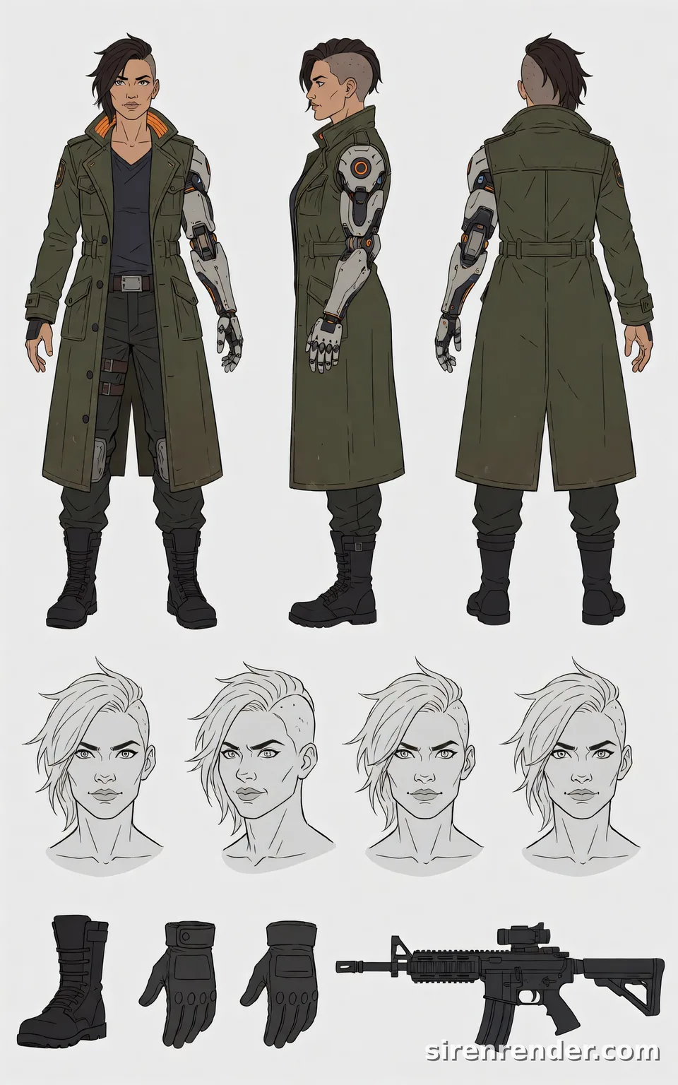 Sci-Fi Character Design Sheet: character design sheet of a sci-fi mercenary woman with an undercut, a cybernetic arm and a long olive coat in front, side and back views, with head sketches and drawings of her boots, gloves and rifle, seed 22