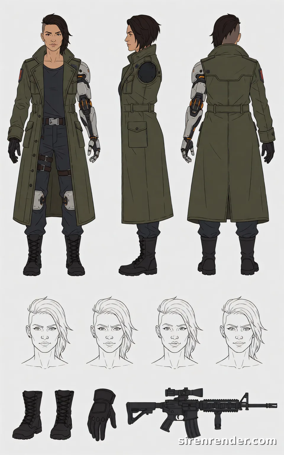 Sci-Fi Character Design Sheet: character design sheet of a sci-fi mercenary woman with an undercut, a cybernetic arm and a long olive coat in front, side and back views, with head sketches and drawings of her boots, gloves and rifle, seed 33
