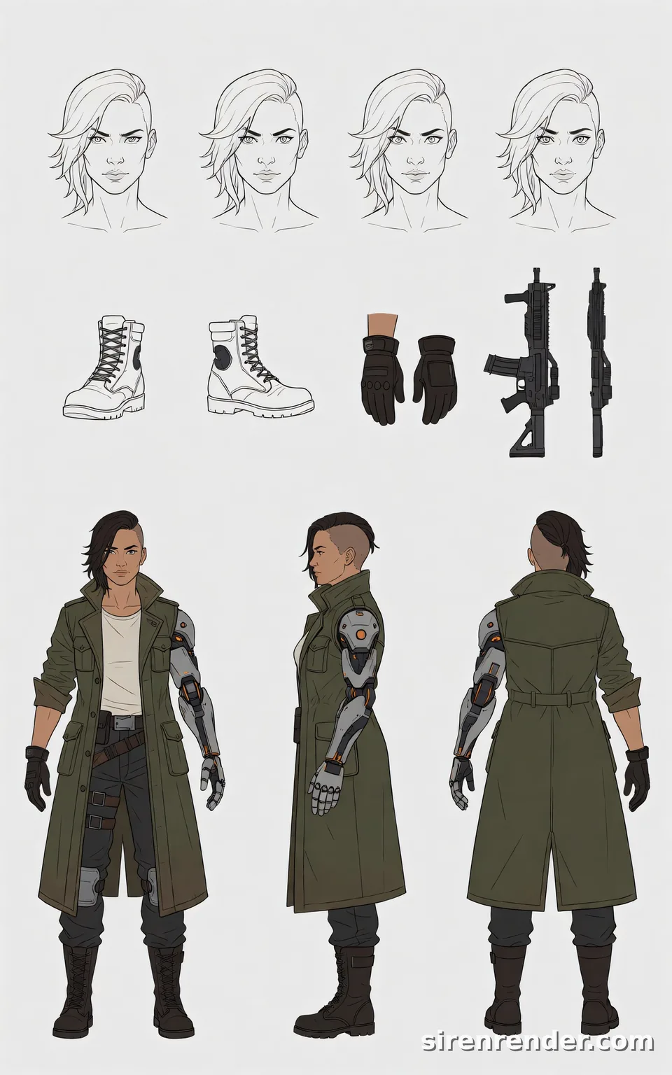 Sci-Fi Character Design Sheet: character design sheet of a sci-fi mercenary woman with an undercut, a cybernetic arm and a long olive coat in front, side and back views, with head sketches and drawings of her boots, gloves and rifle, seed 44