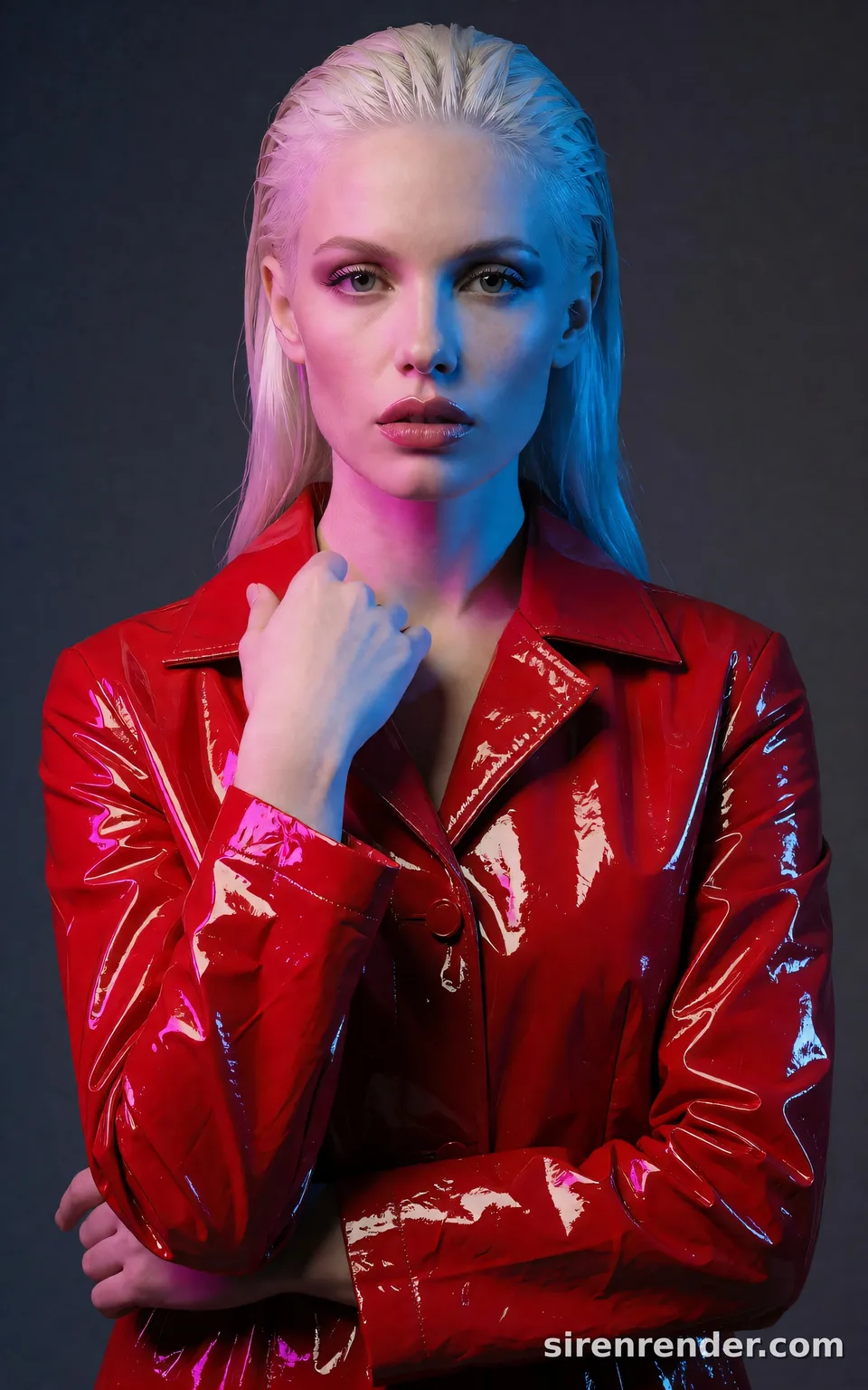 Color Gel Studio Portrait: fashion studio portrait of a woman with slicked-back platinum hair in a glossy red vinyl jacket, lit with magenta light from one side and blue from the other, one hand at her collar, seed 11