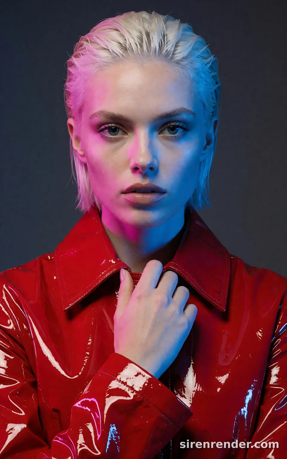 Color Gel Studio Portrait: fashion studio portrait of a woman with slicked-back platinum hair in a glossy red vinyl jacket, lit with magenta light from one side and blue from the other, one hand at her collar, seed 22