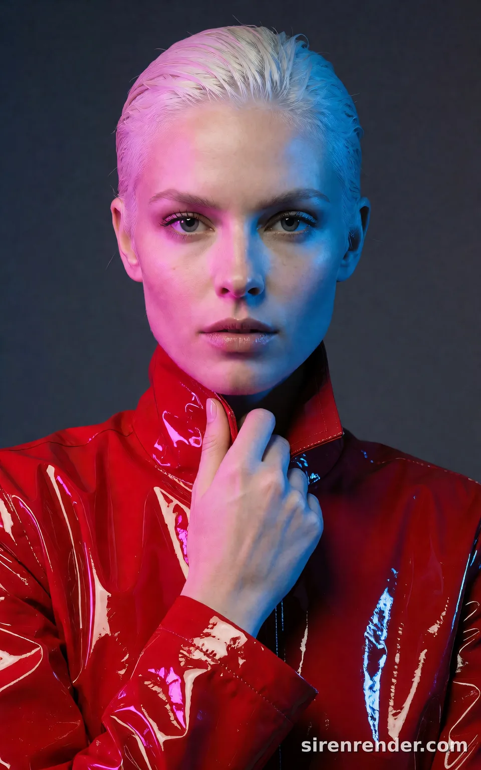 Color Gel Studio Portrait: fashion studio portrait of a woman with slicked-back platinum hair in a glossy red vinyl jacket, lit with magenta light from one side and blue from the other, one hand at her collar, seed 33