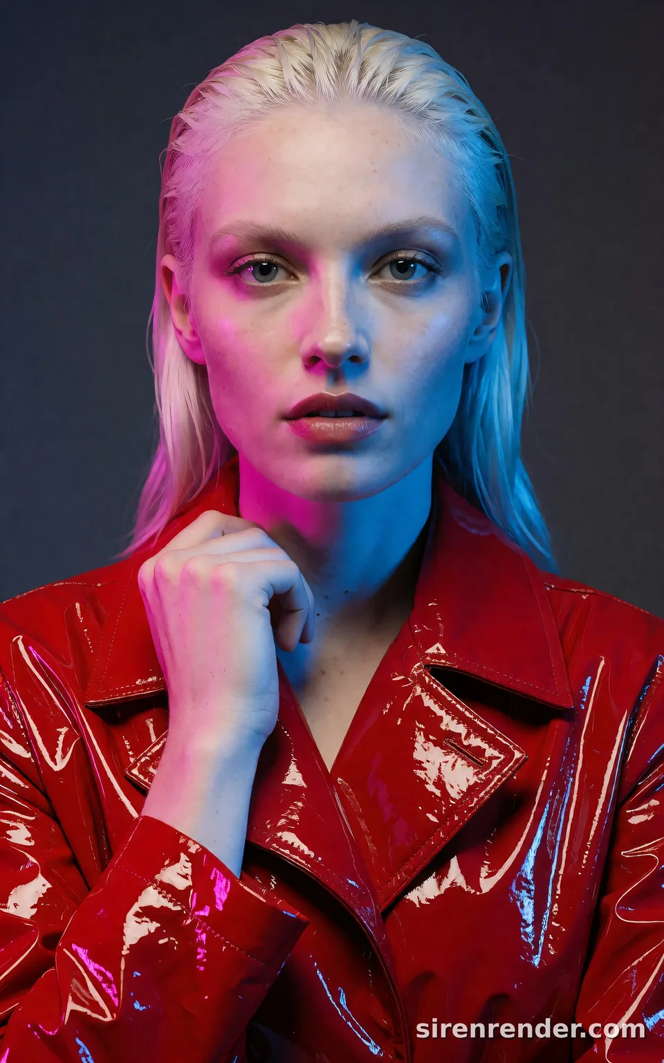 Color Gel Studio Portrait: fashion studio portrait of a woman with slicked-back platinum hair in a glossy red vinyl jacket, lit with magenta light from one side and blue from the other, one hand at her collar, seed 44