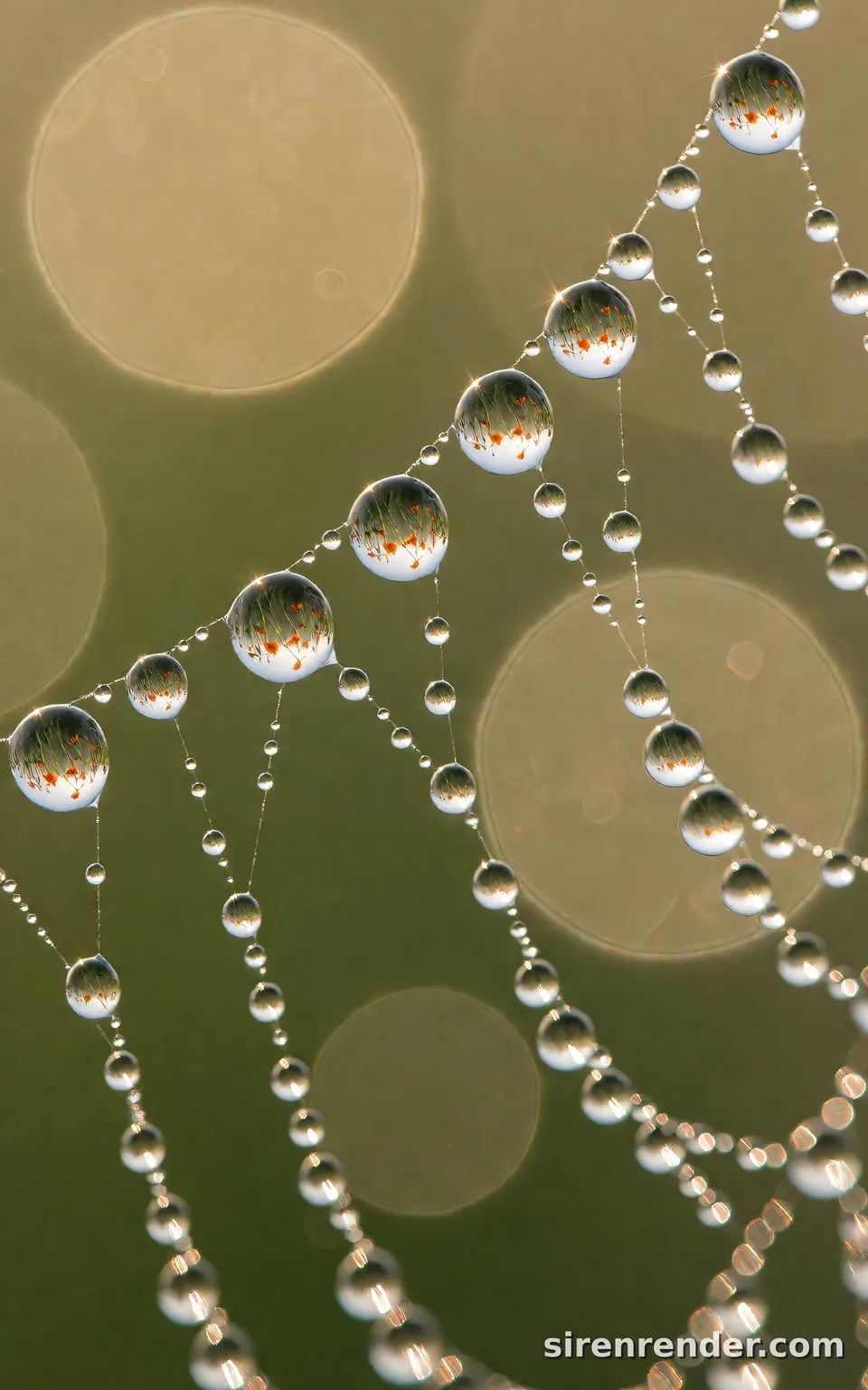 Dew Drops on a Spider Web: macro photo of dew drops on a spider web at sunrise, each drop holding a tiny upside-down reflection of a meadow of orange flowers, with soft green and gold bokeh behind, seed 11