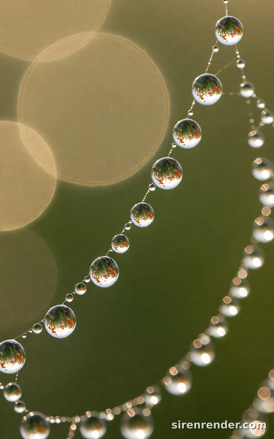 Dew Drops on a Spider Web: macro photo of dew drops on a spider web at sunrise, each drop holding a tiny upside-down reflection of a meadow of orange flowers, with soft green and gold bokeh behind, seed 22