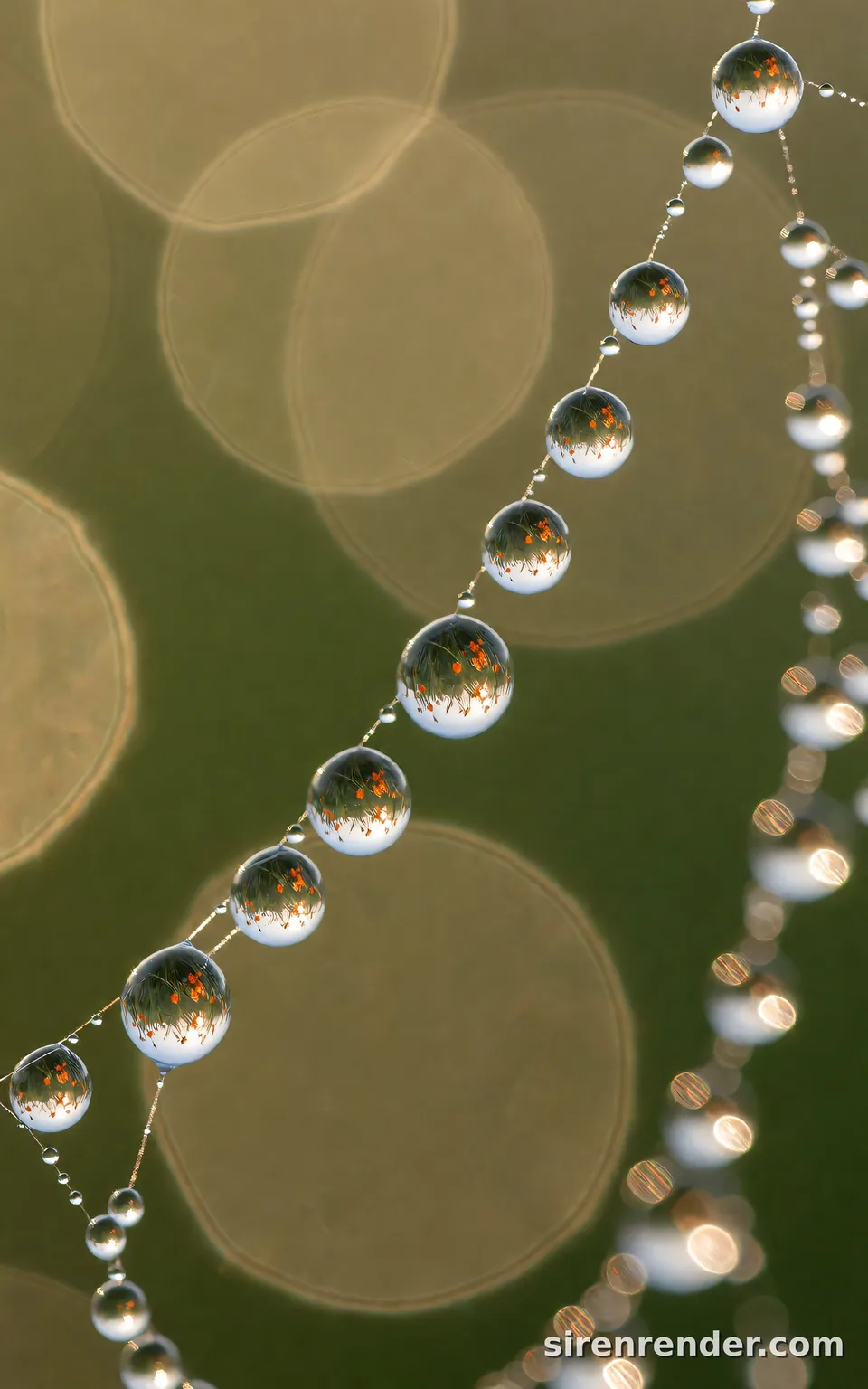 Dew Drops on a Spider Web: macro photo of dew drops on a spider web at sunrise, each drop holding a tiny upside-down reflection of a meadow of orange flowers, with soft green and gold bokeh behind, seed 33