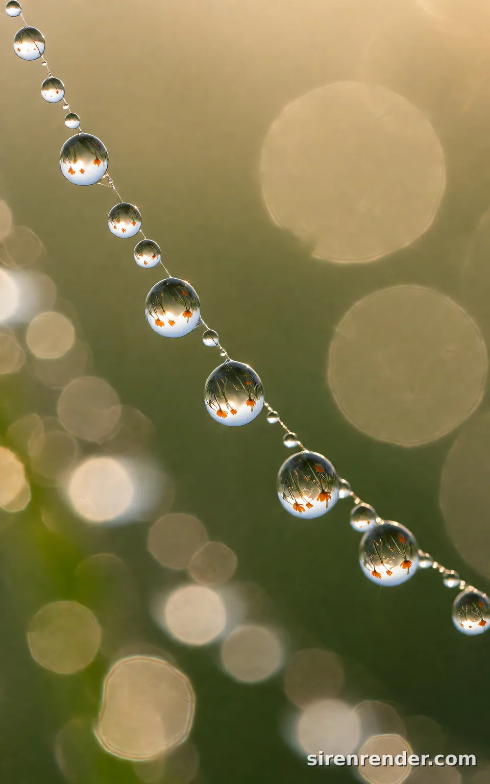 Dew Drops on a Spider Web: macro photo of dew drops on a spider web at sunrise, each drop holding a tiny upside-down reflection of a meadow of orange flowers, with soft green and gold bokeh behind, seed 44