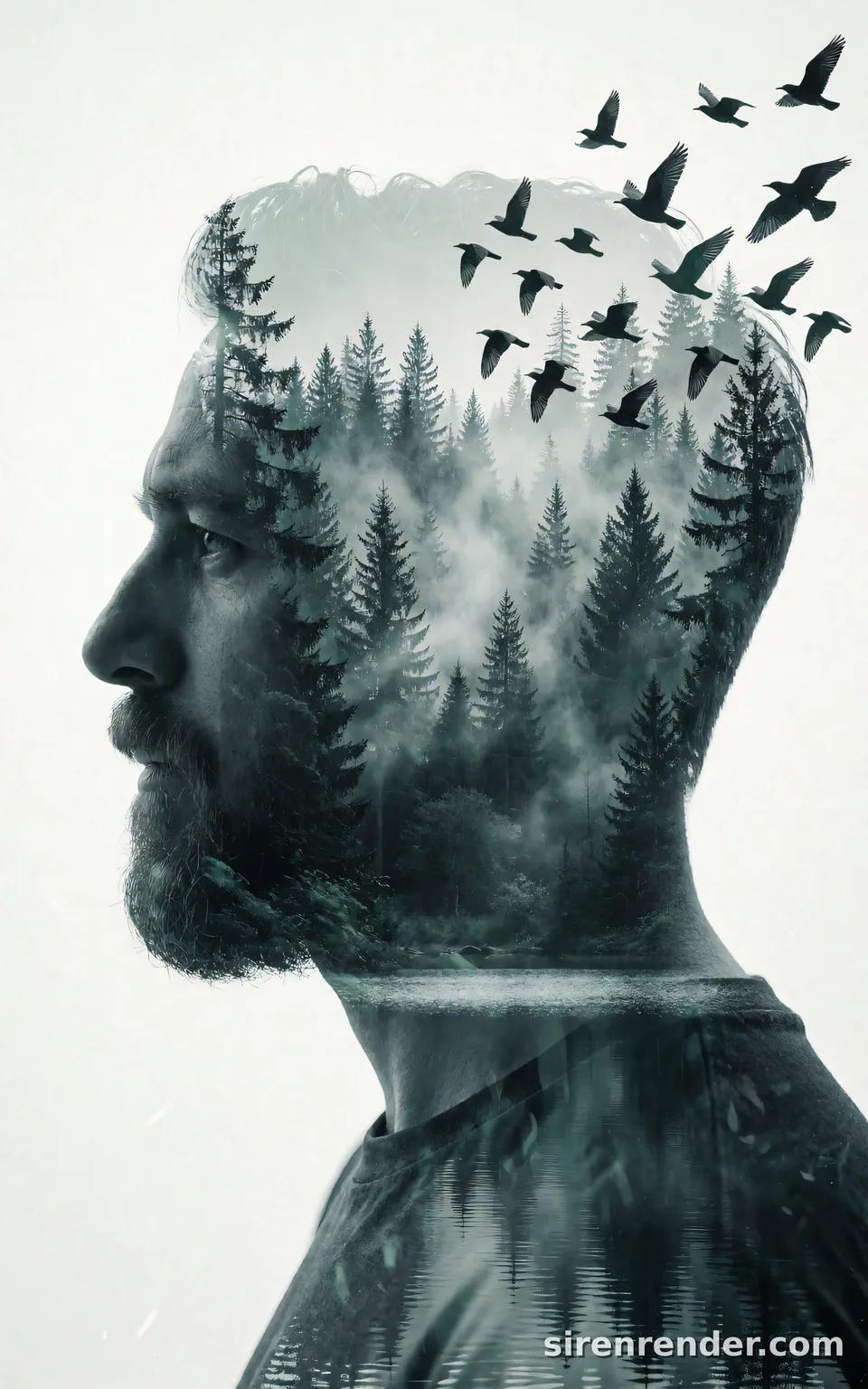 Double Exposure Forest Portrait: double exposure portrait: a bearded man's profile silhouette filled with a misty pine forest and a still lake, a flock of birds flying out of the top of his head, on a white background, seed 11