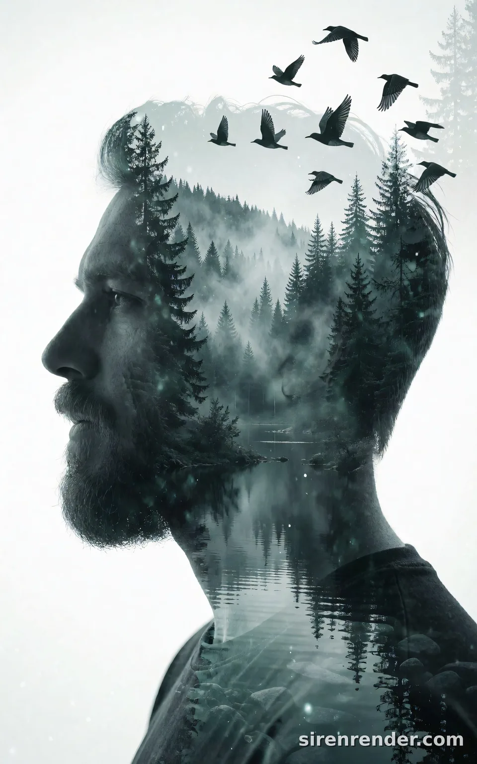 Double Exposure Forest Portrait: double exposure portrait: a bearded man's profile silhouette filled with a misty pine forest and a still lake, a flock of birds flying out of the top of his head, on a white background, seed 22