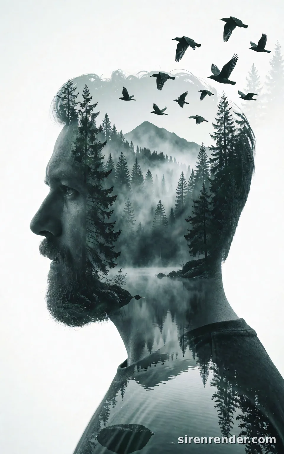 Double Exposure Forest Portrait: double exposure portrait: a bearded man's profile silhouette filled with a misty pine forest and a still lake, a flock of birds flying out of the top of his head, on a white background, seed 33