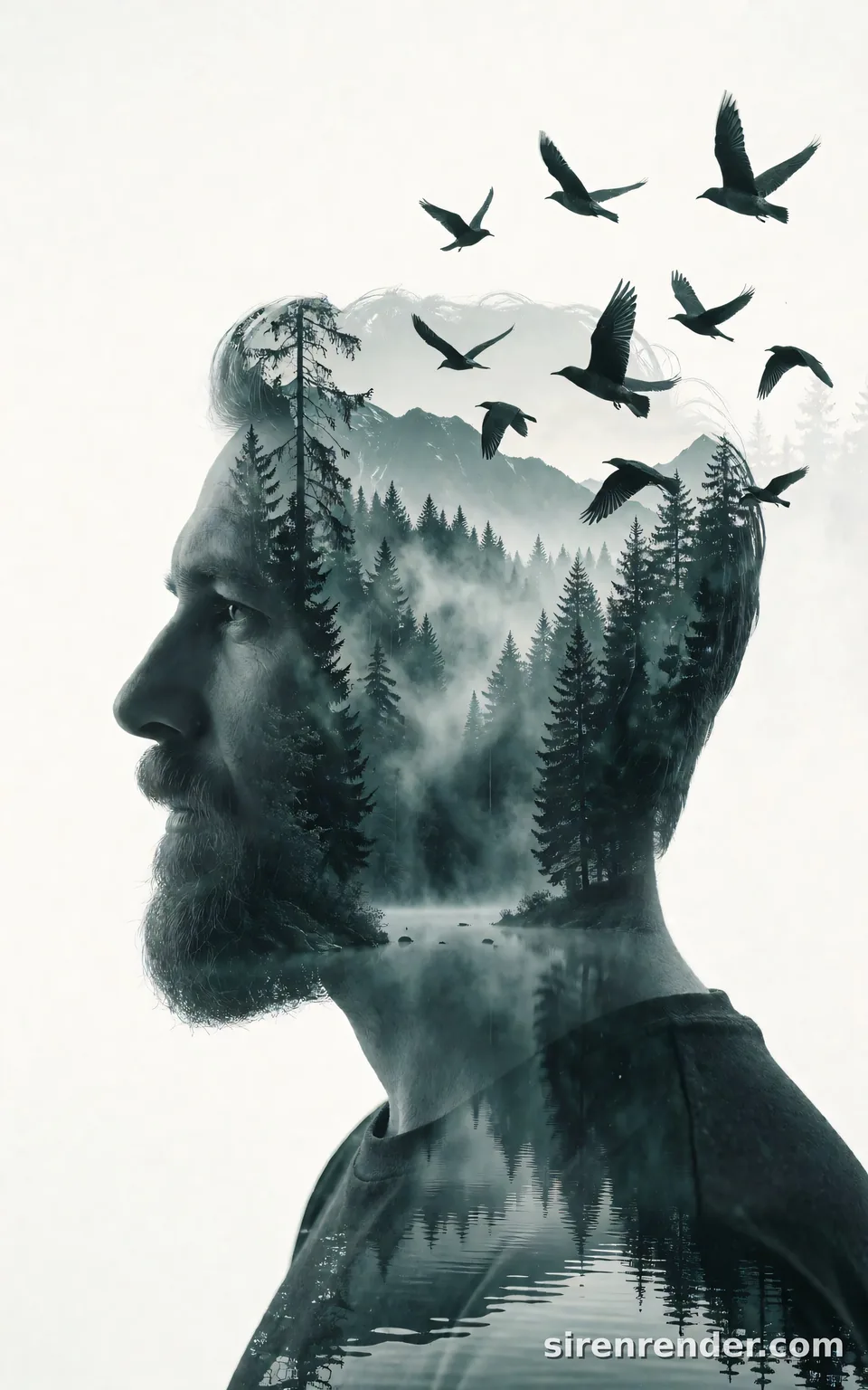 Double Exposure Forest Portrait: double exposure portrait: a bearded man's profile silhouette filled with a misty pine forest and a still lake, a flock of birds flying out of the top of his head, on a white background, seed 44
