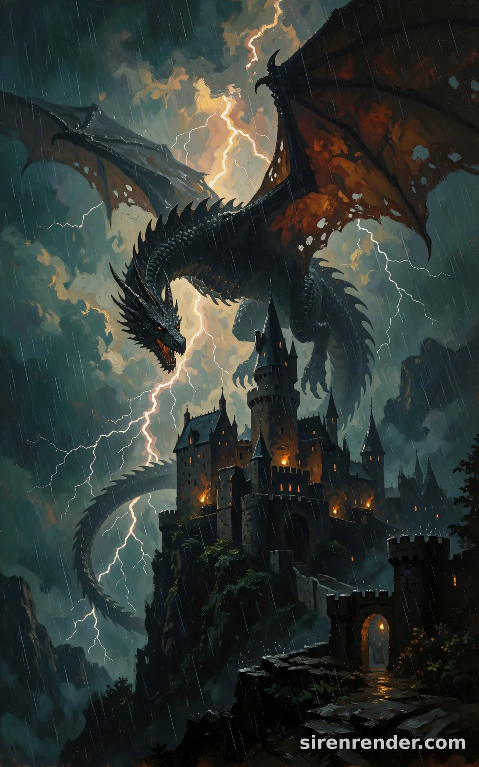 Dragon Over the Castle: epic fantasy oil painting of a colossal black dragon with tattered wings circling a cliffside castle in a thunderstorm, lightning behind it, torches glowing in the castle windows, seed 11
