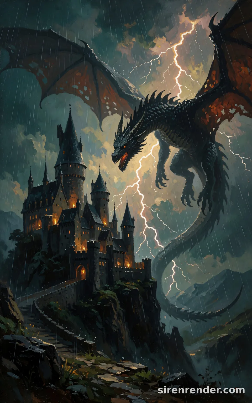 Dragon Over the Castle: epic fantasy oil painting of a colossal black dragon with tattered wings circling a cliffside castle in a thunderstorm, lightning behind it, torches glowing in the castle windows, seed 22