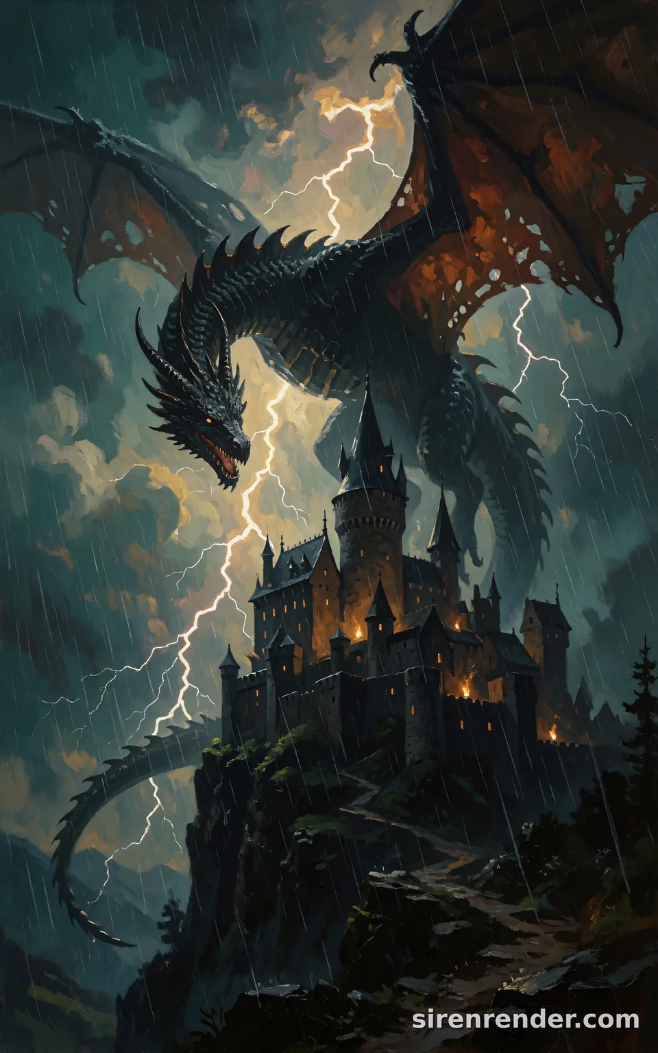 Dragon Over the Castle: epic fantasy oil painting of a colossal black dragon with tattered wings circling a cliffside castle in a thunderstorm, lightning behind it, torches glowing in the castle windows, seed 33