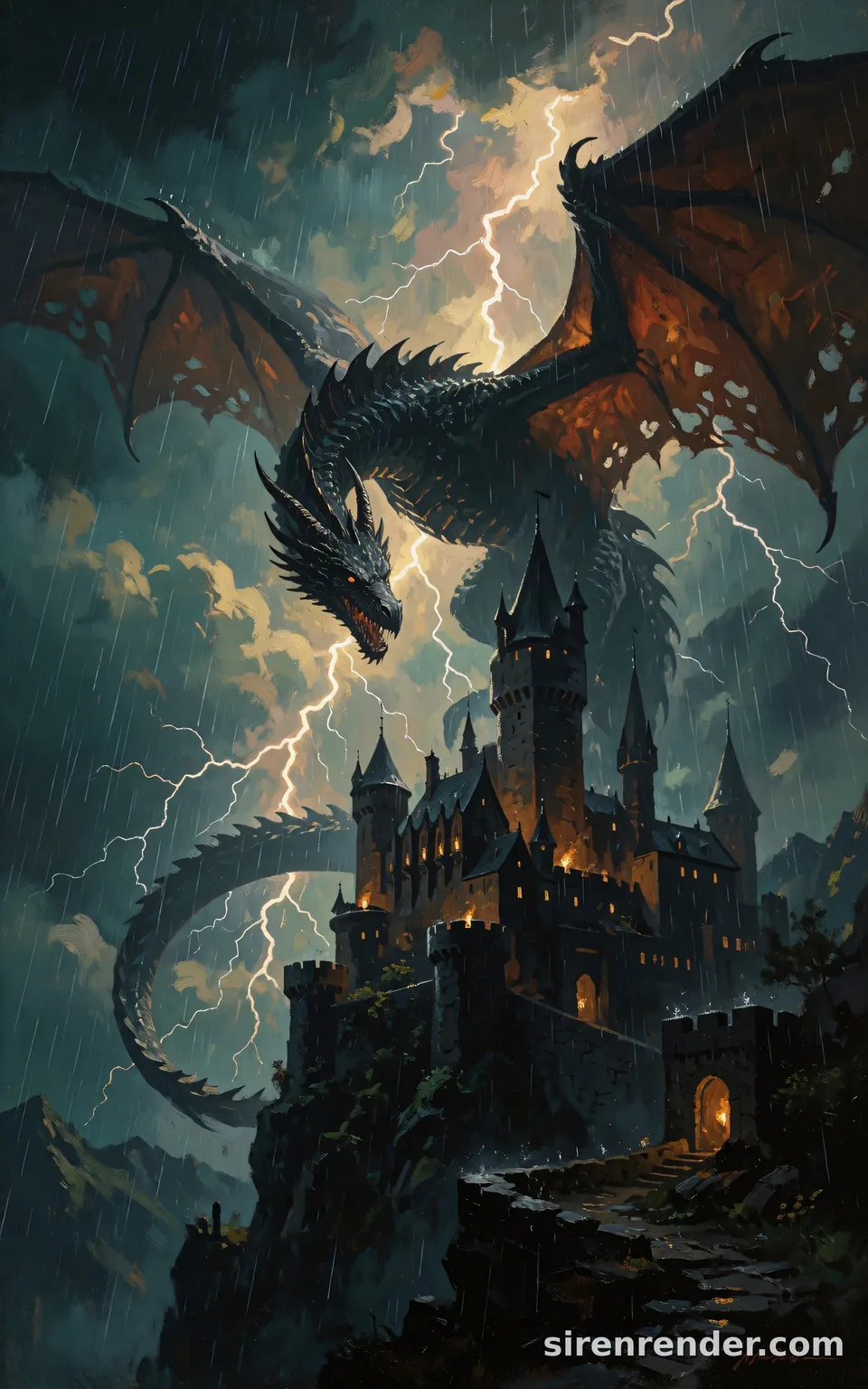 Dragon Over the Castle: epic fantasy oil painting of a colossal black dragon with tattered wings circling a cliffside castle in a thunderstorm, lightning behind it, torches glowing in the castle windows, seed 44