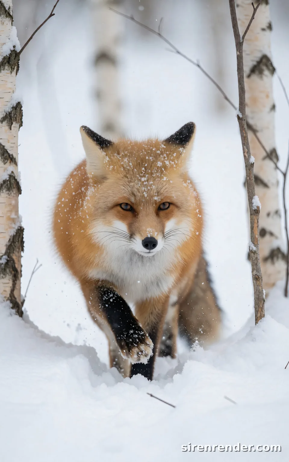 Red Fox in Fresh Snow: wildlife photo of a red fox walking toward the camera through deep fresh snow in a birch forest, one front paw lifted mid-step, snowflakes dusting its thick winter coat, seed 11