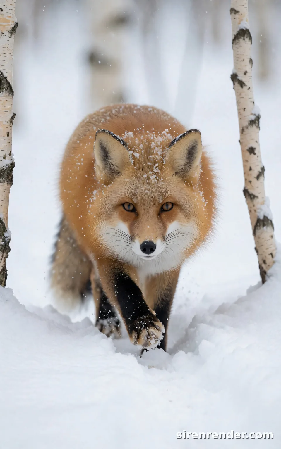 Red Fox in Fresh Snow: wildlife photo of a red fox walking toward the camera through deep fresh snow in a birch forest, one front paw lifted mid-step, snowflakes dusting its thick winter coat, seed 22