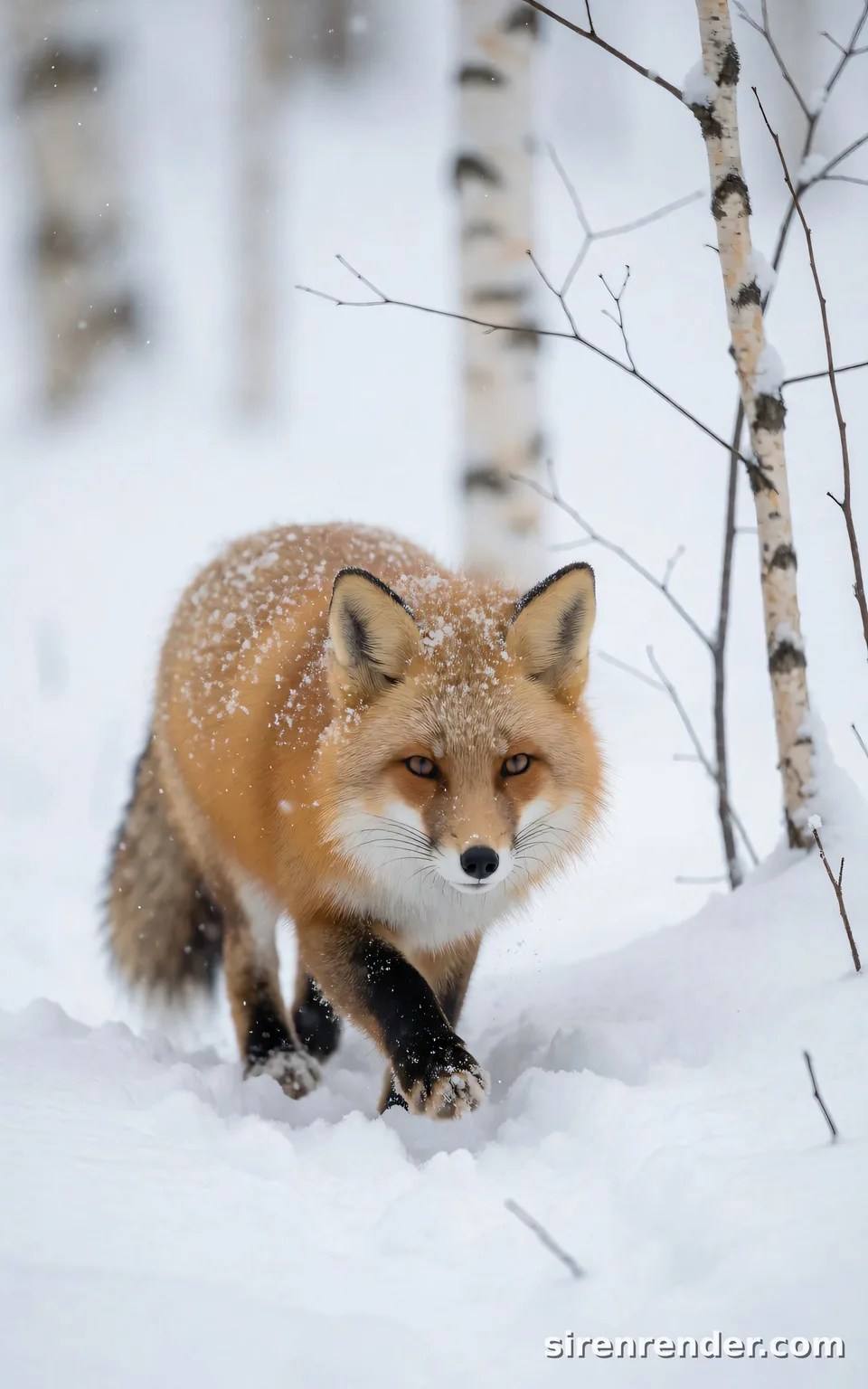 Red Fox in Fresh Snow: wildlife photo of a red fox walking toward the camera through deep fresh snow in a birch forest, one front paw lifted mid-step, snowflakes dusting its thick winter coat, seed 33