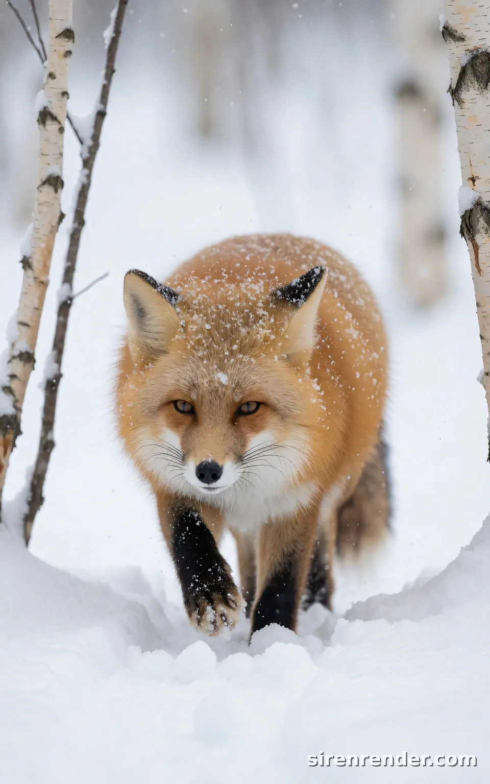 Red Fox in Fresh Snow: wildlife photo of a red fox walking toward the camera through deep fresh snow in a birch forest, one front paw lifted mid-step, snowflakes dusting its thick winter coat, seed 44