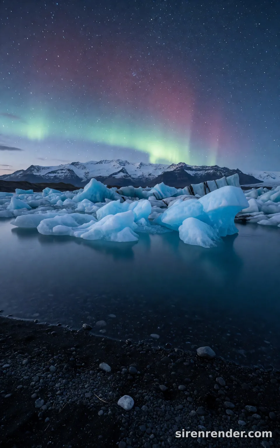 Glacier Lagoon Under the Aurora: landscape photo of a glacier lagoon in Iceland at blue hour with white and electric blue icebergs on still dark water, a black sand shore and a green aurora over jagged mountains, seed 11