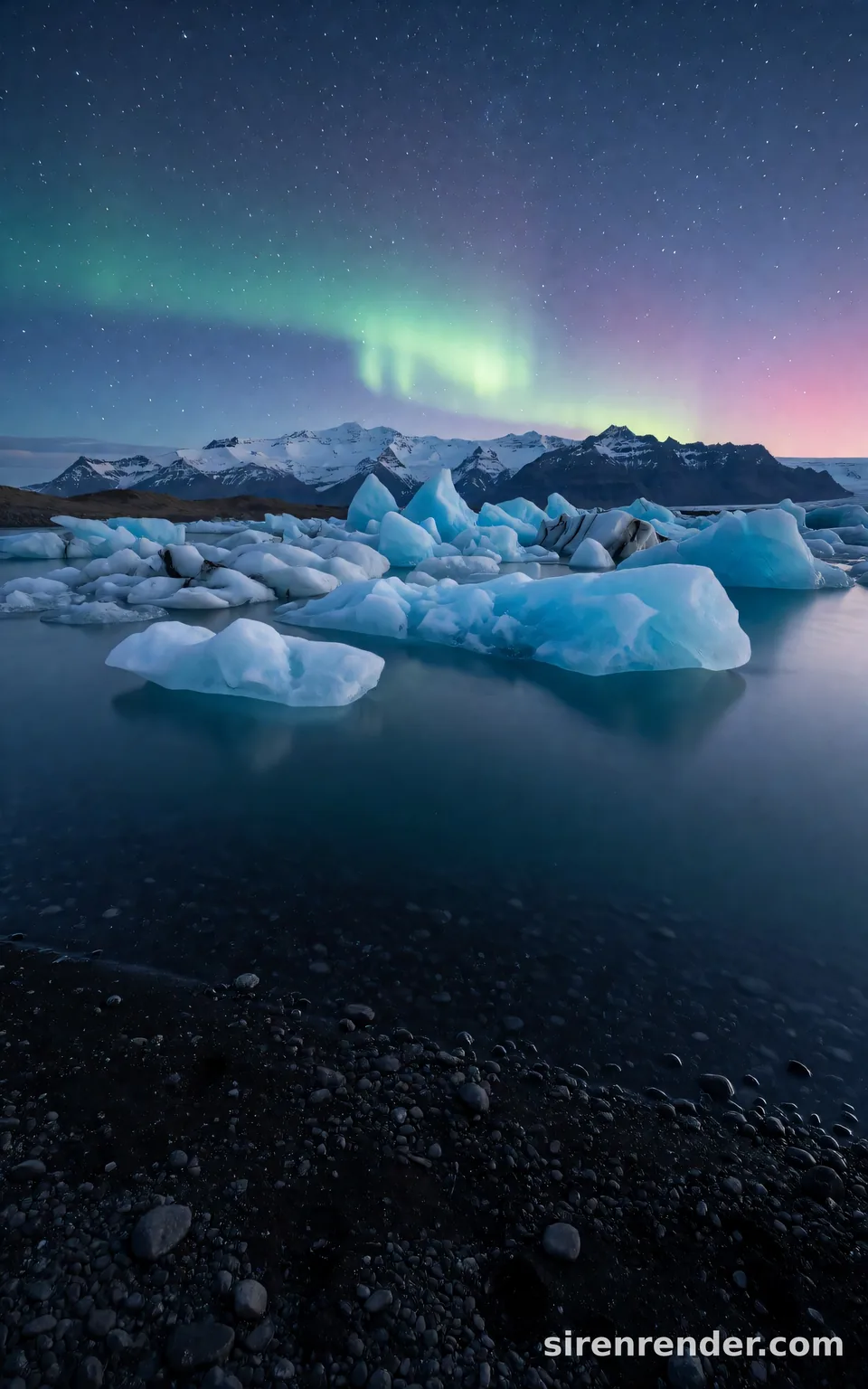 Glacier Lagoon Under the Aurora: landscape photo of a glacier lagoon in Iceland at blue hour with white and electric blue icebergs on still dark water, a black sand shore and a green aurora over jagged mountains, seed 22