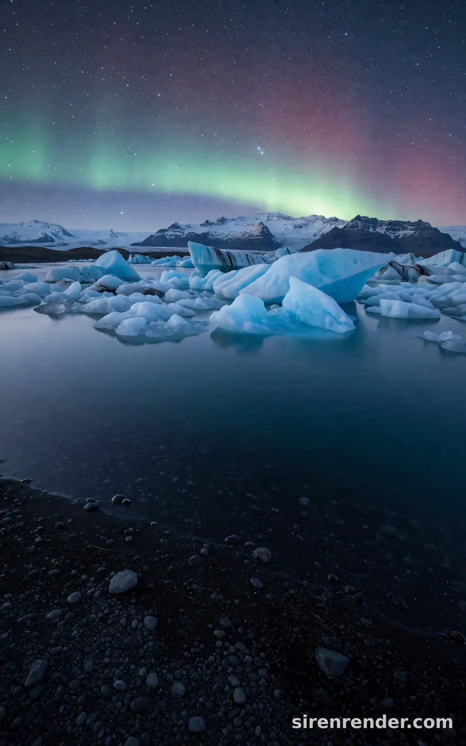Glacier Lagoon Under the Aurora: landscape photo of a glacier lagoon in Iceland at blue hour with white and electric blue icebergs on still dark water, a black sand shore and a green aurora over jagged mountains, seed 33