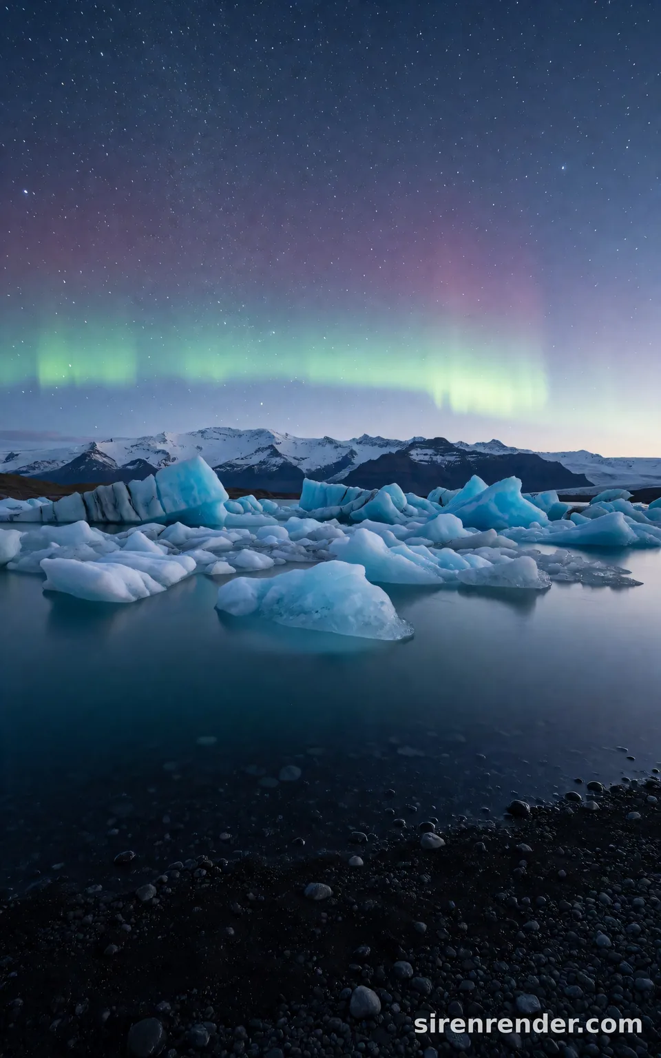Glacier Lagoon Under the Aurora: landscape photo of a glacier lagoon in Iceland at blue hour with white and electric blue icebergs on still dark water, a black sand shore and a green aurora over jagged mountains, seed 44