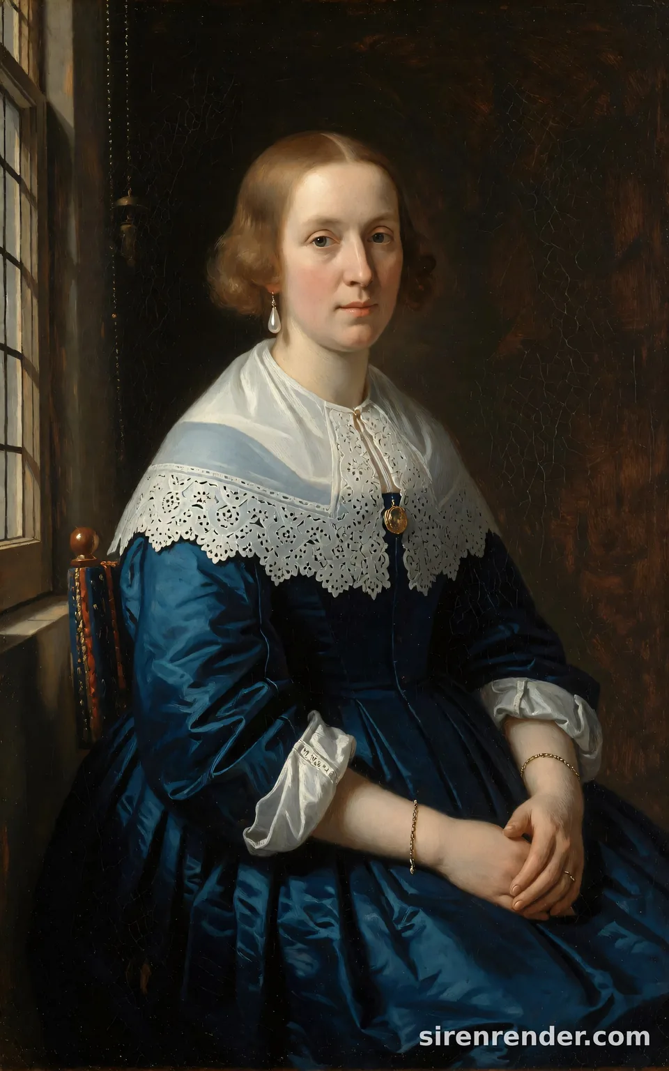 Dutch Golden Age Portrait: classical Dutch Golden Age oil portrait of a woman in her thirties in a deep blue silk dress with a white lace collar and a single pearl earring, seated by a window with soft light from the left, seed 11
