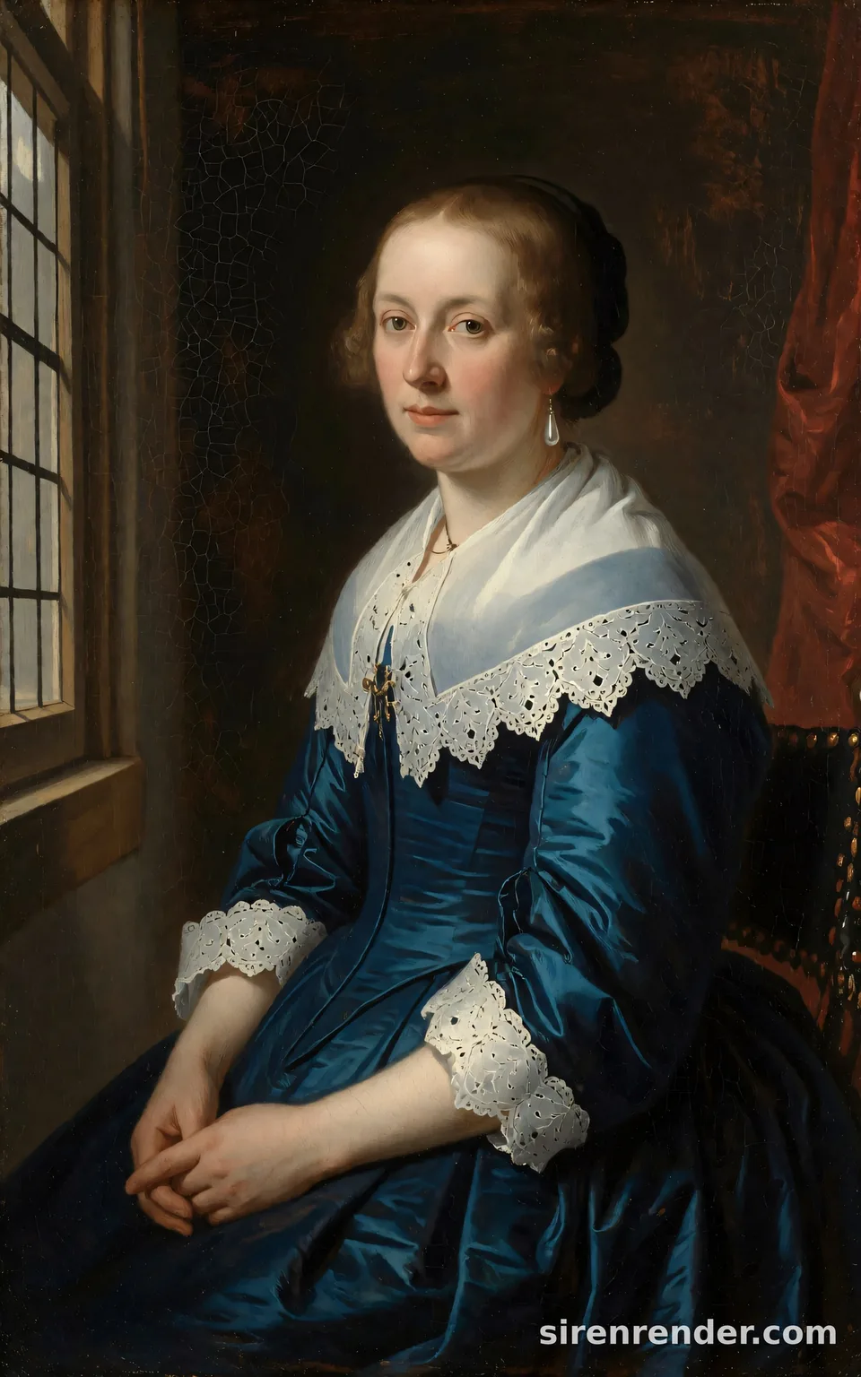 Dutch Golden Age Portrait: classical Dutch Golden Age oil portrait of a woman in her thirties in a deep blue silk dress with a white lace collar and a single pearl earring, seated by a window with soft light from the left, seed 22