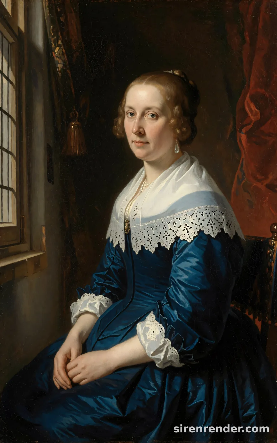Dutch Golden Age Portrait: classical Dutch Golden Age oil portrait of a woman in her thirties in a deep blue silk dress with a white lace collar and a single pearl earring, seated by a window with soft light from the left, seed 33
