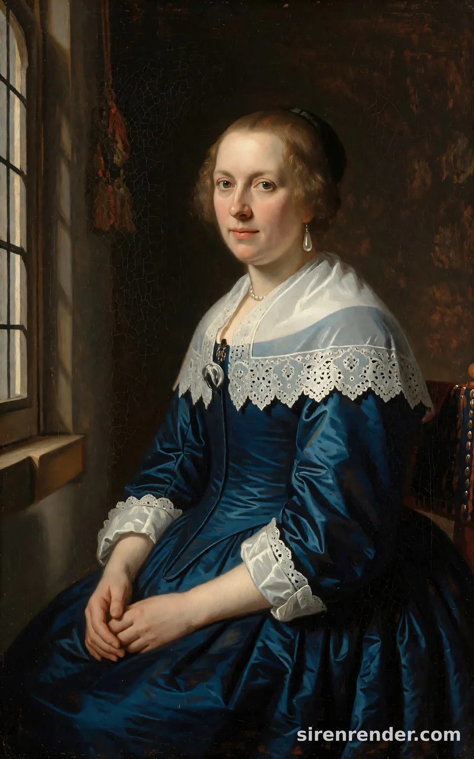 Dutch Golden Age Portrait: classical Dutch Golden Age oil portrait of a woman in her thirties in a deep blue silk dress with a white lace collar and a single pearl earring, seated by a window with soft light from the left, seed 44