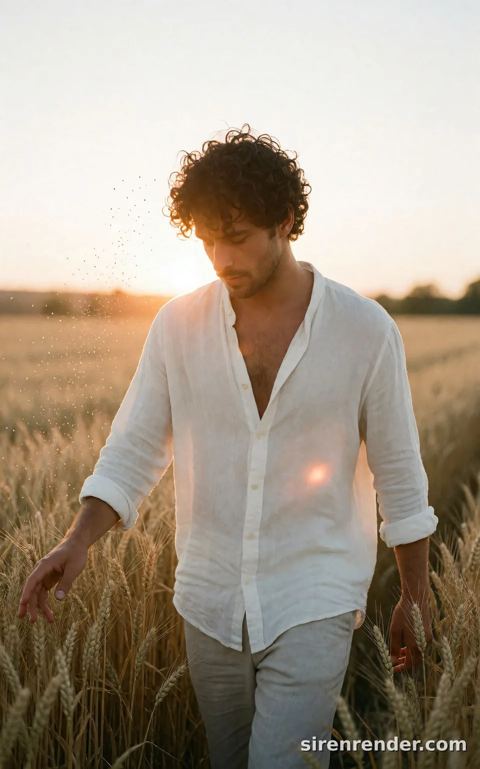 Golden Hour Wheat Field: sun-drenched portrait of a man in his twenties with curly dark hair and a loose white linen shirt walking through a golden wheat field at sunset, running his hand over the stalks, seed 11