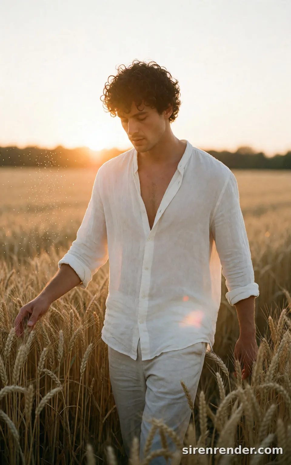 Golden Hour Wheat Field: sun-drenched portrait of a man in his twenties with curly dark hair and a loose white linen shirt walking through a golden wheat field at sunset, running his hand over the stalks, seed 22