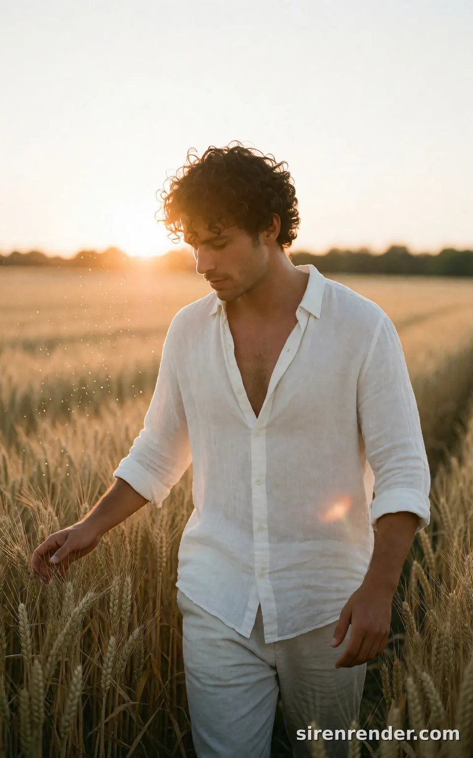 Golden Hour Wheat Field: sun-drenched portrait of a man in his twenties with curly dark hair and a loose white linen shirt walking through a golden wheat field at sunset, running his hand over the stalks, seed 33