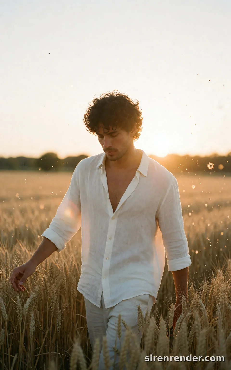 Golden Hour Wheat Field: sun-drenched portrait of a man in his twenties with curly dark hair and a loose white linen shirt walking through a golden wheat field at sunset, running his hand over the stalks, seed 44